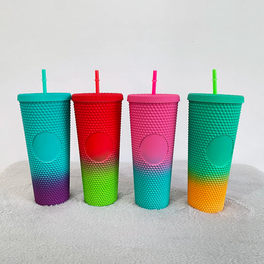 Studded Plastic Tumbler with Lid and Straw, Reusable Ice Coffee Cup, 24-Ounce Volume